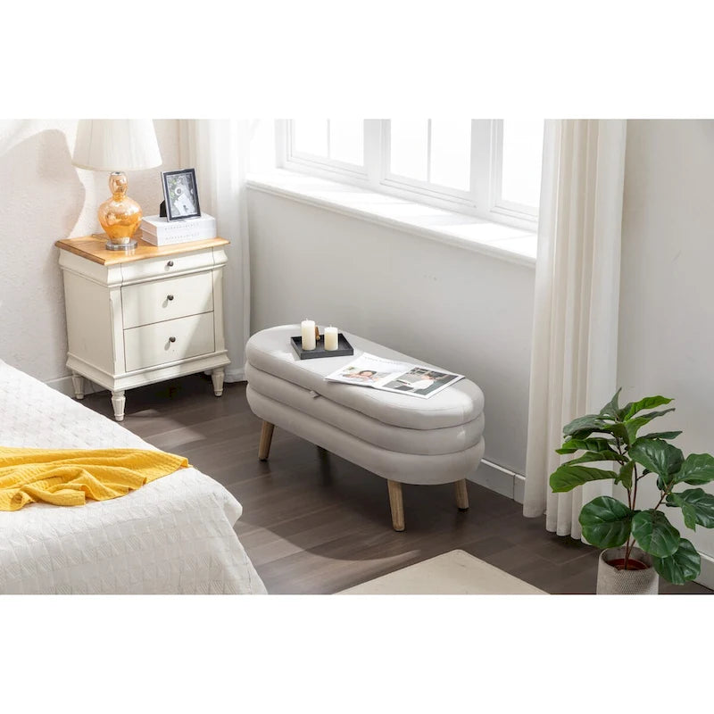 Banc de rangement en velours avec pieds en bois