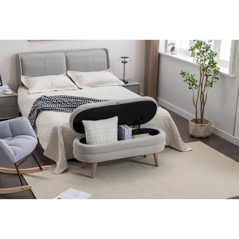 Banc de rangement en velours avec pieds en bois