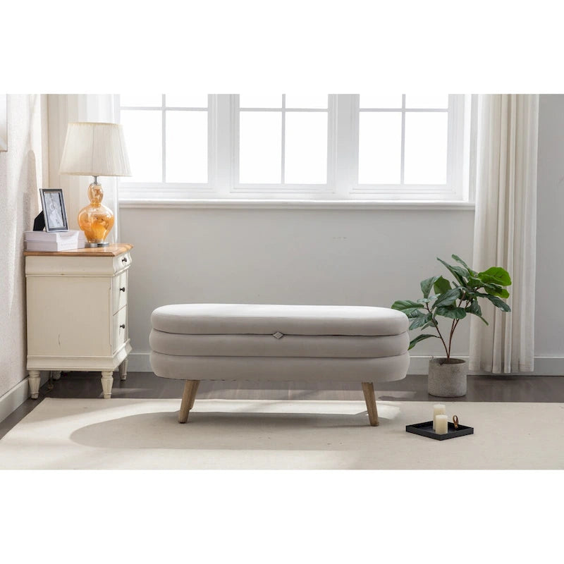 Banc de rangement en velours avec pieds en bois
