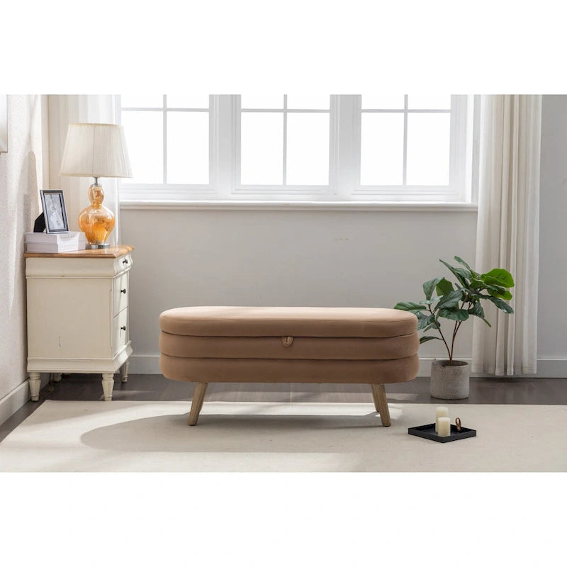 Banc de rangement en velours avec pieds en bois