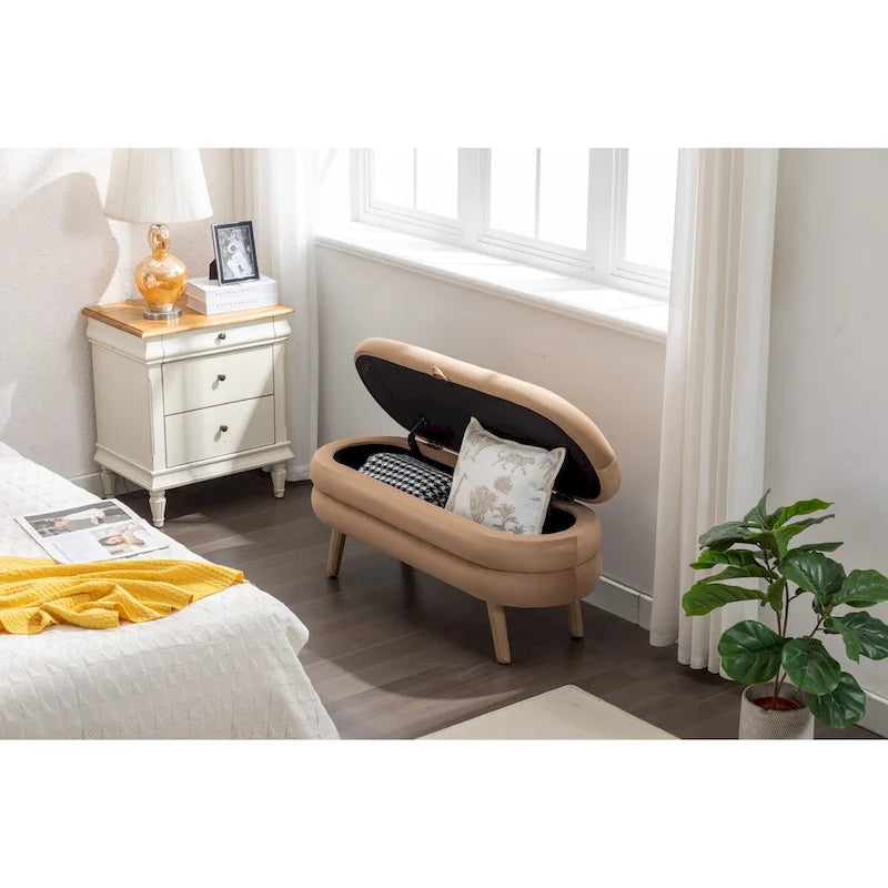 Banc de rangement en velours avec pieds en bois
