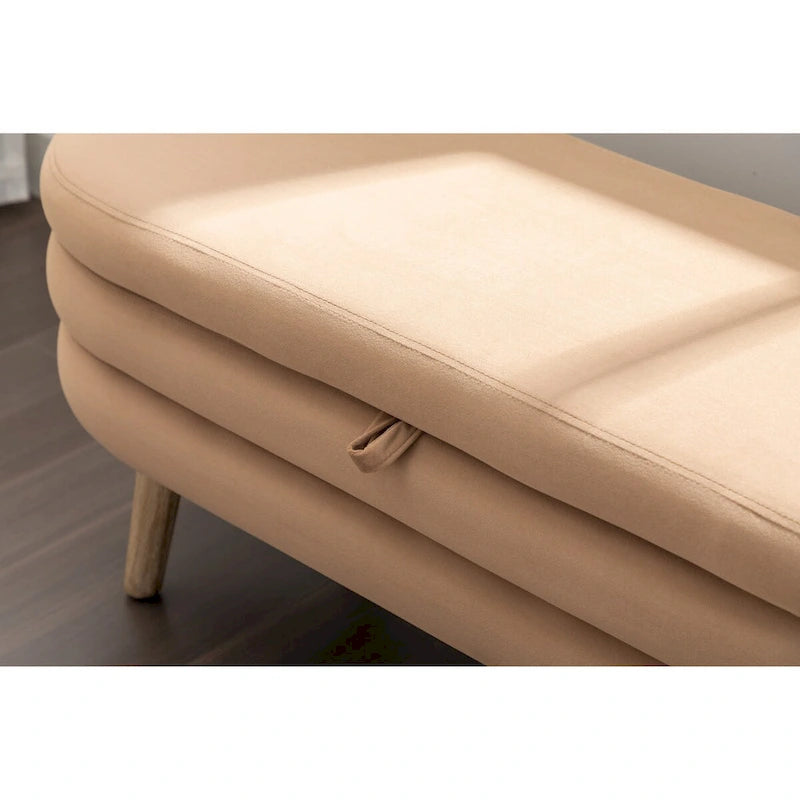 Banc de rangement en velours avec pieds en bois