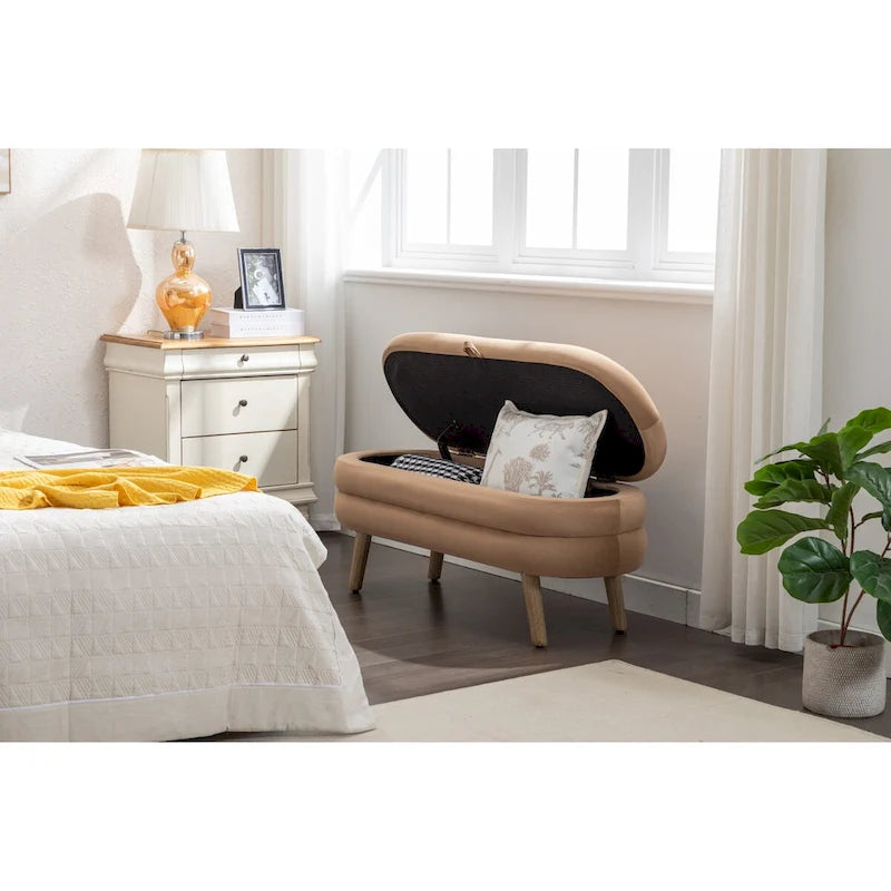 Banc de rangement en velours avec pieds en bois