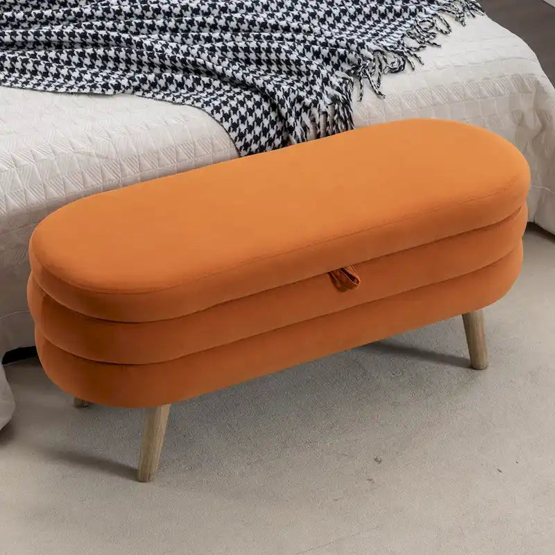 Banc de rangement en velours avec pieds en bois