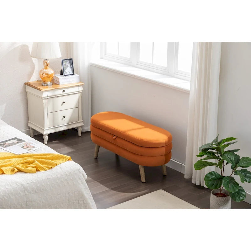 Banc de rangement en velours avec pieds en bois