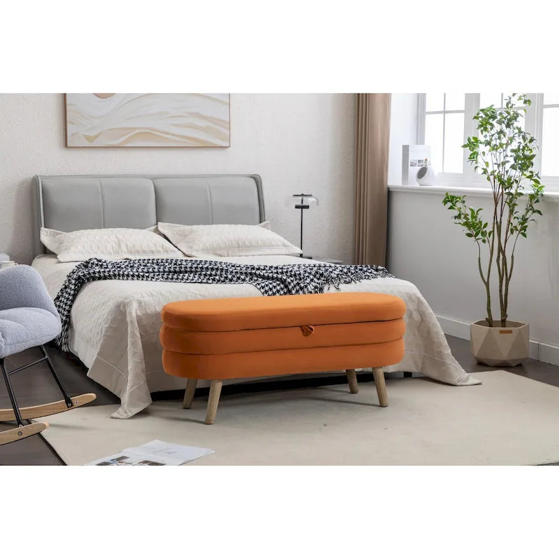 Banc de rangement en velours avec pieds en bois