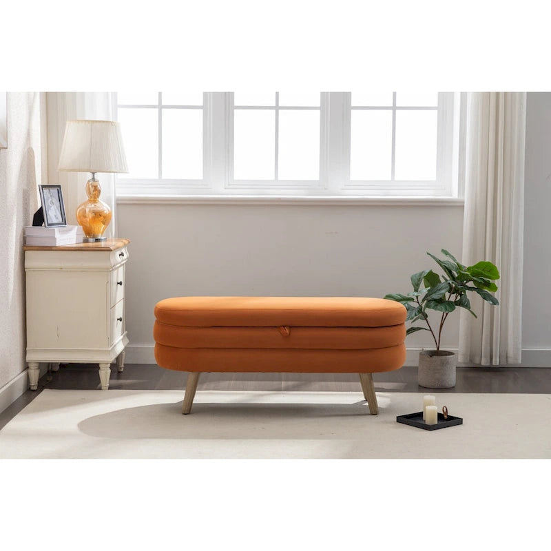 Banc de rangement en velours avec pieds en bois