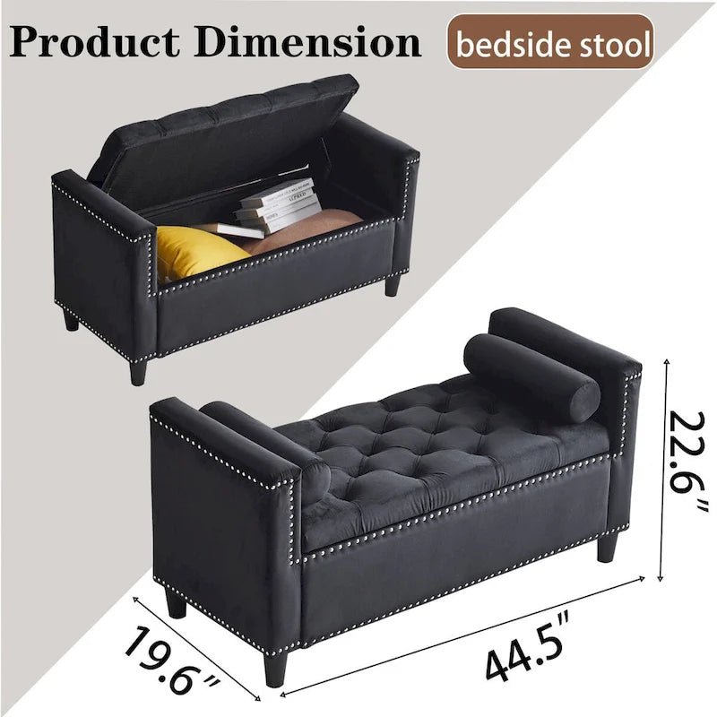 Banc de rangement en velours à capitons avec accoudoirs et garniture cloutée