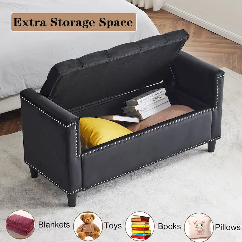 Banc de rangement en velours à capitons avec accoudoirs et garniture cloutée