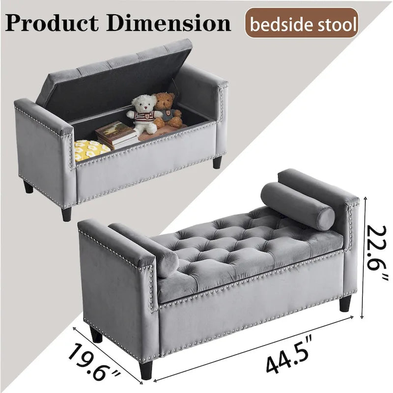 Banc de rangement en velours à capitons avec accoudoirs et garniture cloutée