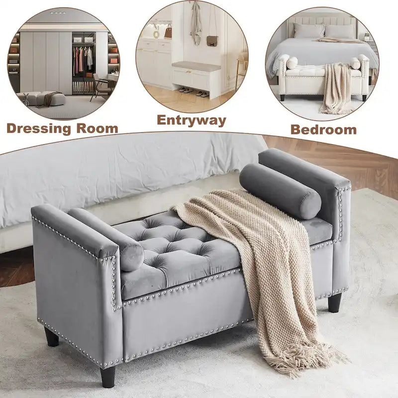 Banc de rangement en velours à capitons avec accoudoirs et garniture cloutée