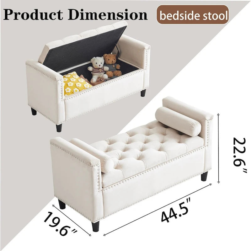 Banc de rangement en velours à capitons avec accoudoirs et garniture cloutée