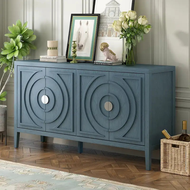 Buffet Rétro 4 Portes avec Motifs Circulaires Sculptés et Poignées Rondes en Métal