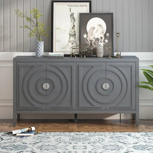 Buffet Rétro 4 Portes avec Motifs Circulaires Sculptés et Poignées Rondes en Métal
