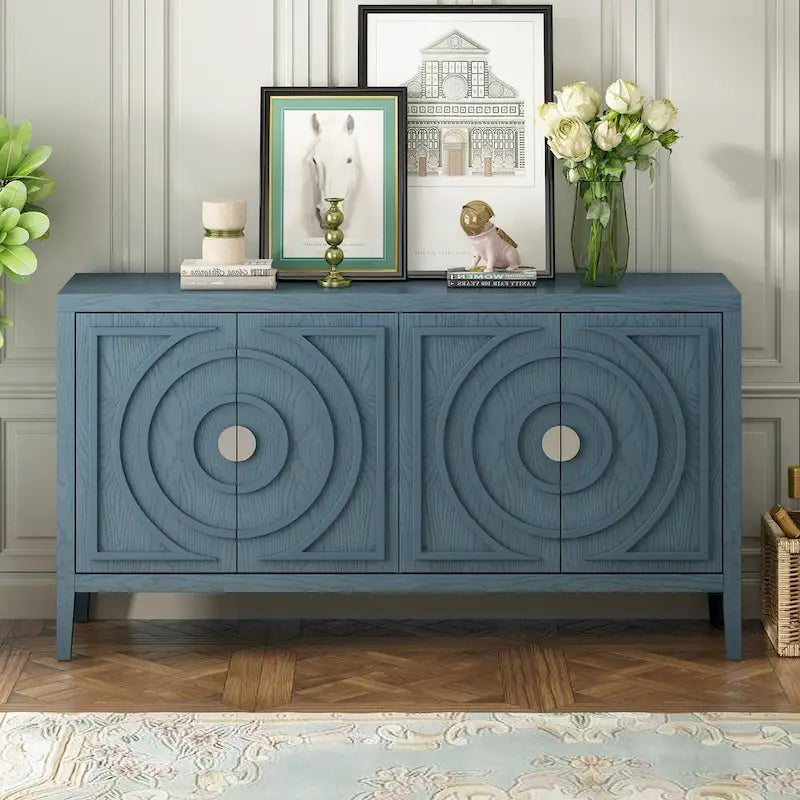Buffet Rétro 4 Portes avec Motifs Circulaires Sculptés et Poignées Rondes en Métal