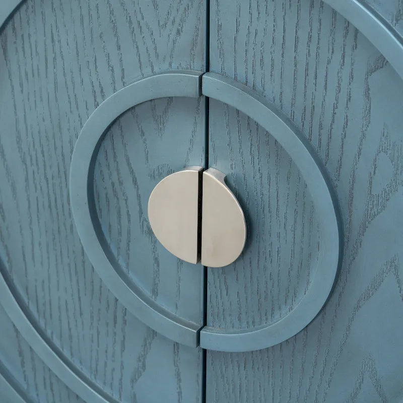 Buffet Rétro 4 Portes avec Motifs Circulaires Sculptés et Poignées Rondes en Métal