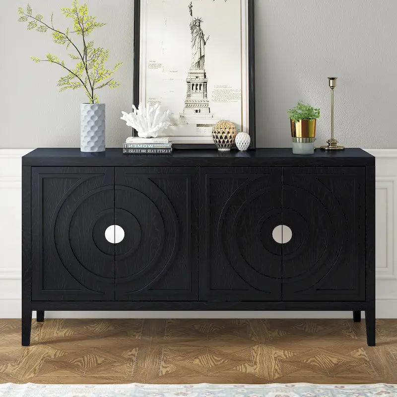 Buffet Rétro 4 Portes avec Motifs Circulaires Sculptés et Poignées Rondes en Métal