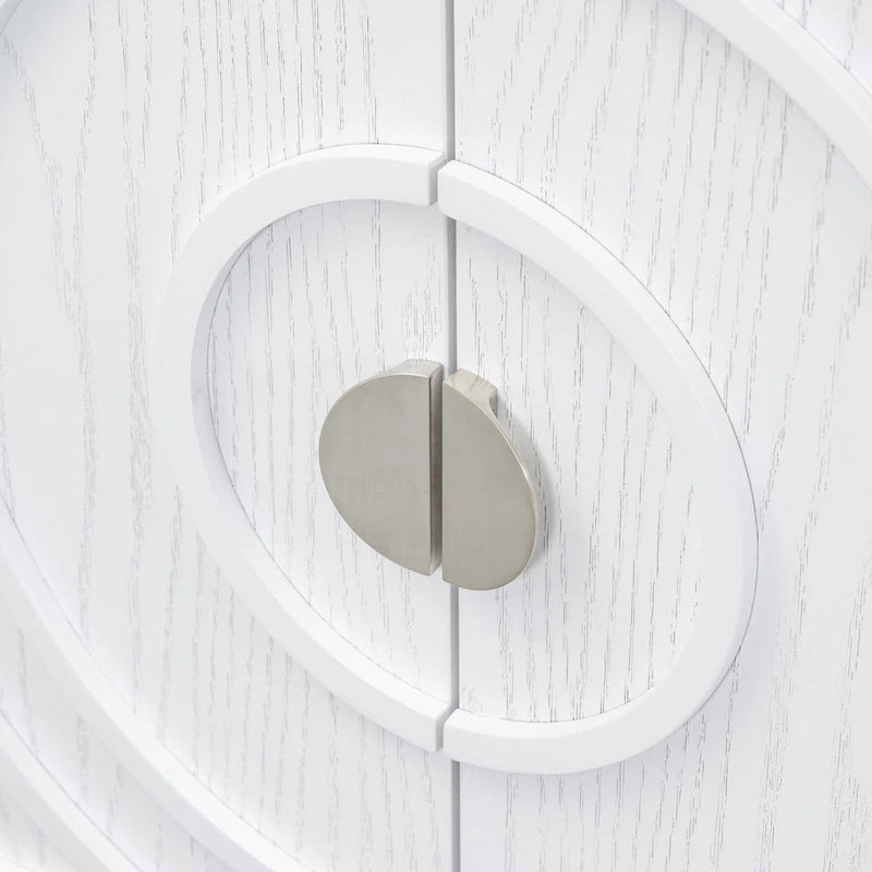Buffet Rétro 4 Portes avec Motifs Circulaires Sculptés et Poignées Rondes en Métal