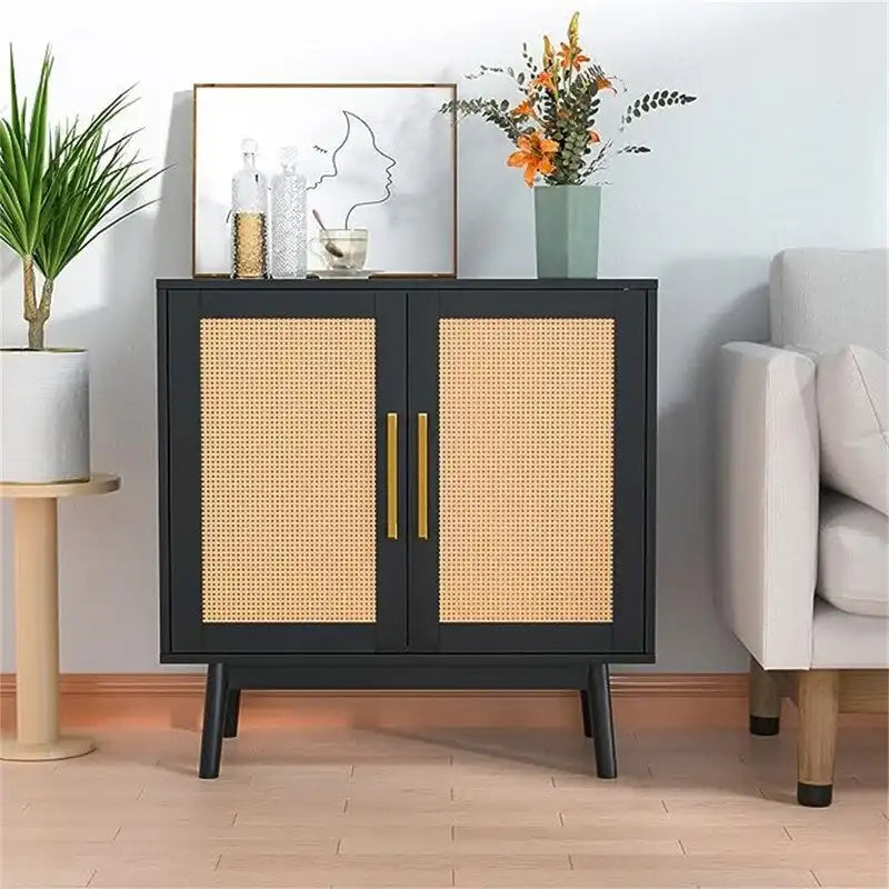 Meuble de rangement en rotin avec étagères réglables