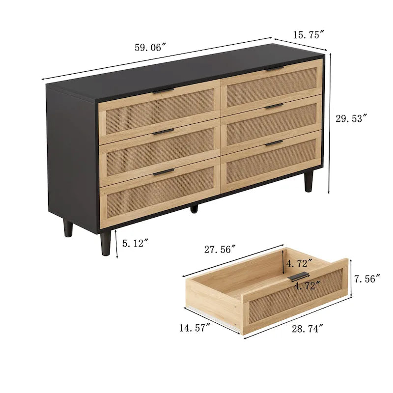 Armoire de rangement en rotin à 6 tiroirs
