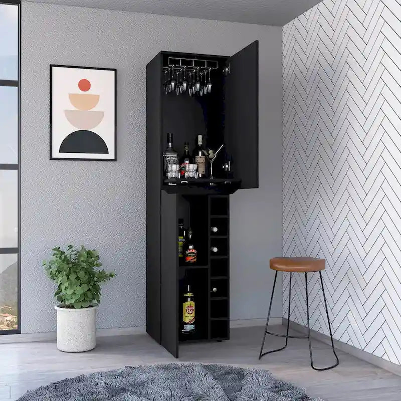 Meuble de rangement haut avec casiers à vin et support à tasses – Noir