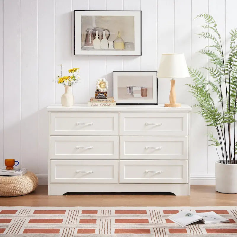 Commode à 6 tiroirs avec poignées métalliques - Meuble de rangement pour chambre et salon