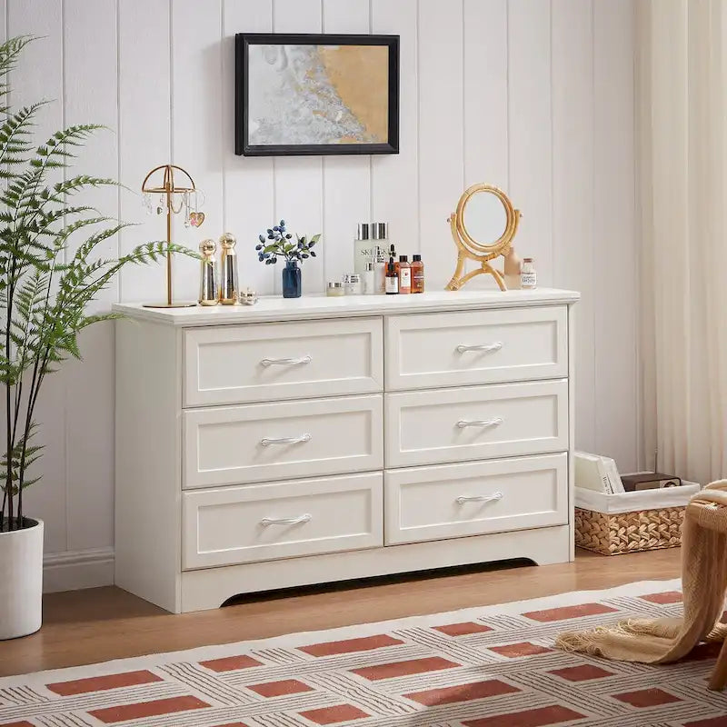 Commode à 6 tiroirs avec poignées métalliques - Meuble de rangement pour chambre et salon