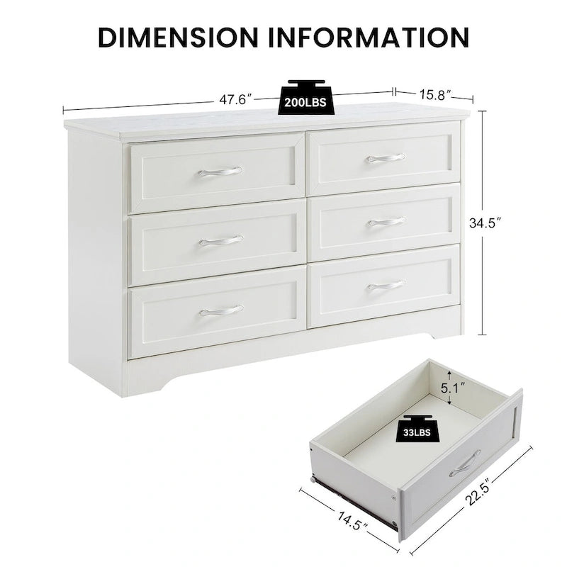 Commode à 6 tiroirs avec poignées métalliques - Meuble de rangement pour chambre et salon