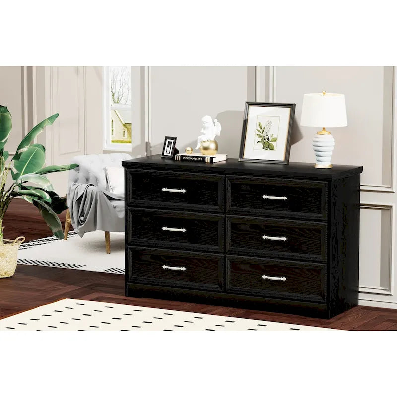 Commode à 6 tiroirs avec poignées métalliques - Meuble de rangement pour chambre et salon