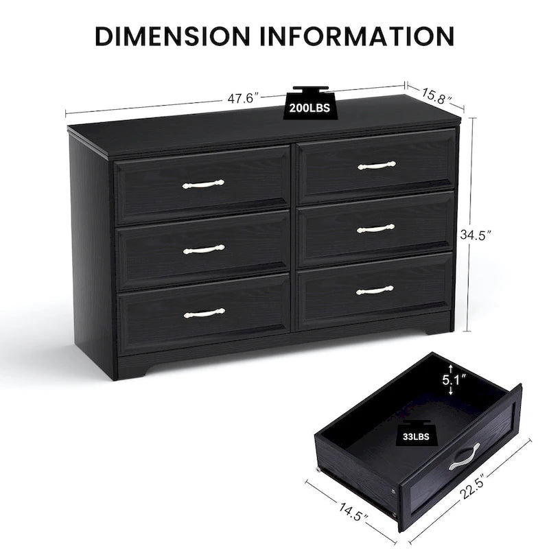 Commode à 6 tiroirs avec poignées métalliques - Meuble de rangement pour chambre et salon