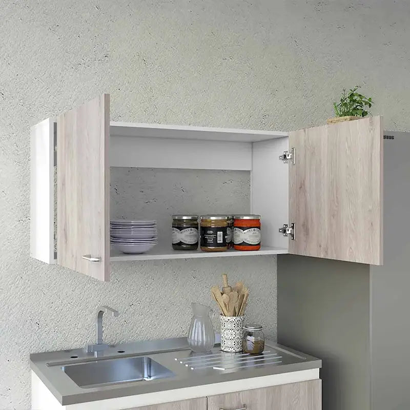 Meuble haut avec deux étagères et double porte – Finition blanc/gris clair