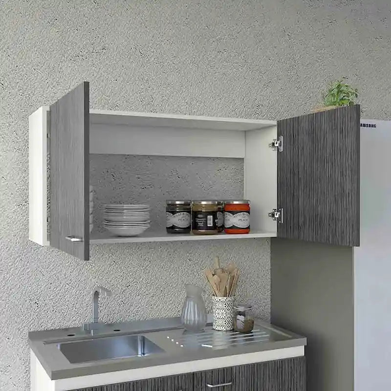 Meuble haut avec deux étagères et double porte – Finition blanc/gris clair