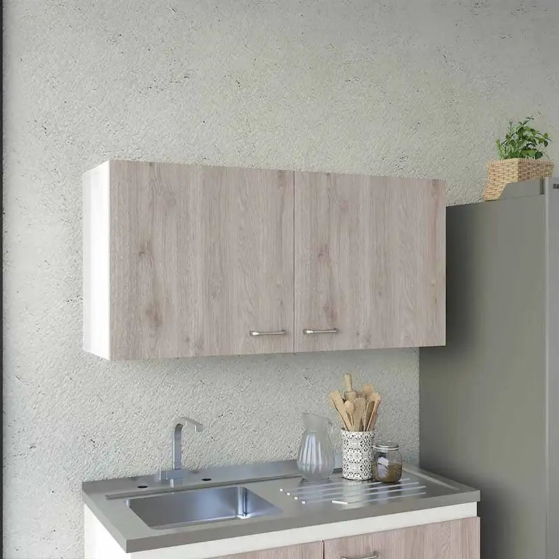 Meuble haut avec deux étagères et double porte – Finition blanc/gris clair