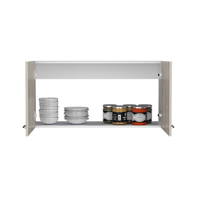 Meuble haut avec deux étagères et double porte – Finition blanc/gris clair