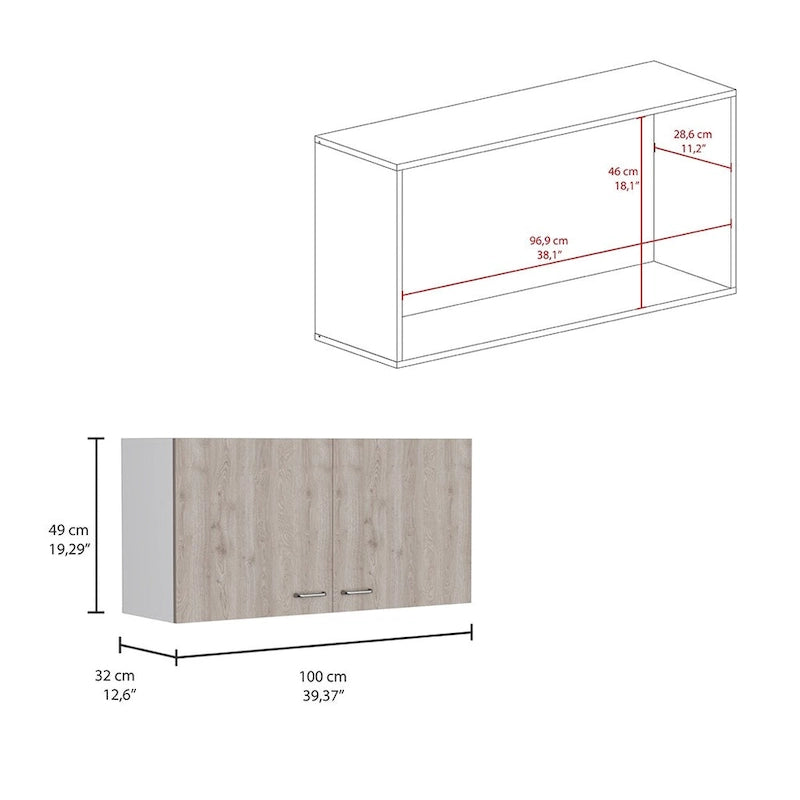 Meuble haut avec deux étagères et double porte – Finition blanc/gris clair