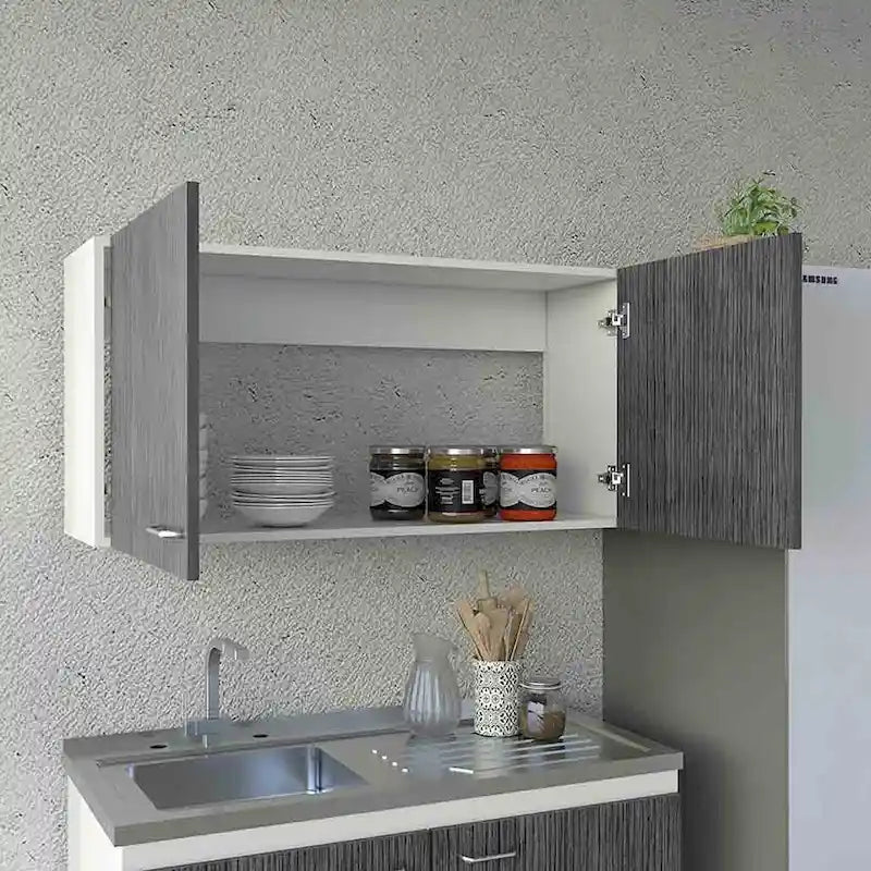 Meuble haut avec deux étagères et double porte – Finition blanc/gris clair