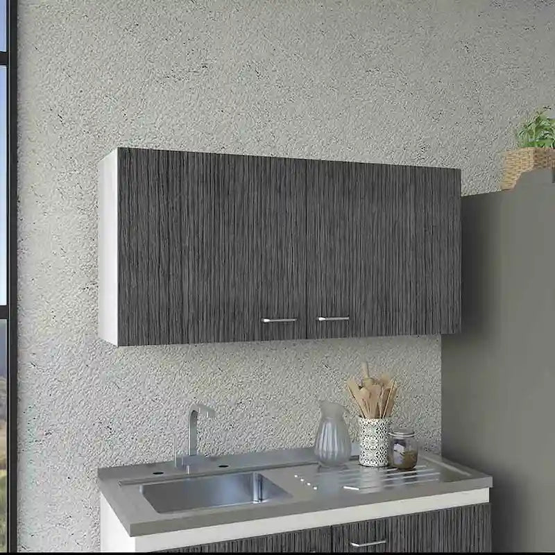 Meuble haut avec deux étagères et double porte – Finition blanc/gris clair