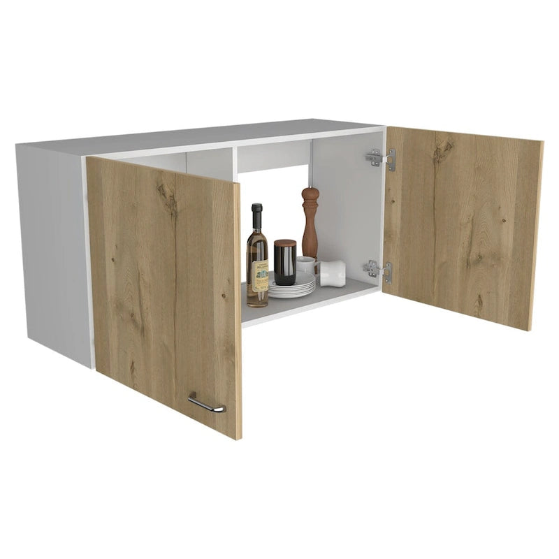 Meuble haut avec deux étagères et double porte – Finition blanc/gris clair