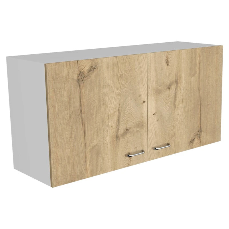 Meuble haut avec deux étagères et double porte – Finition blanc/gris clair