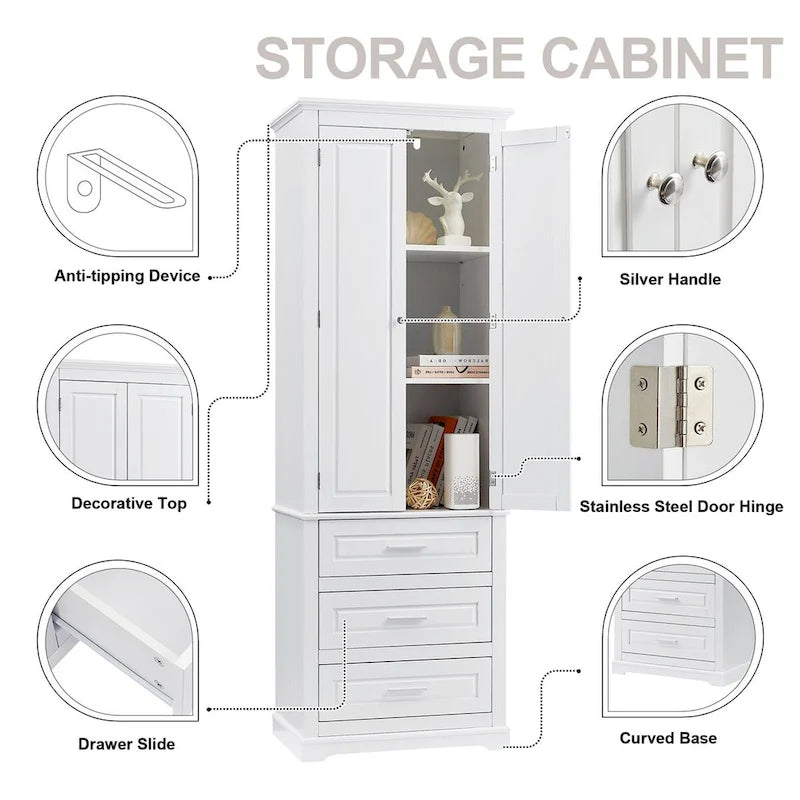 Meuble de rangement haut avec 3 tiroirs et 2 portes, blanc
