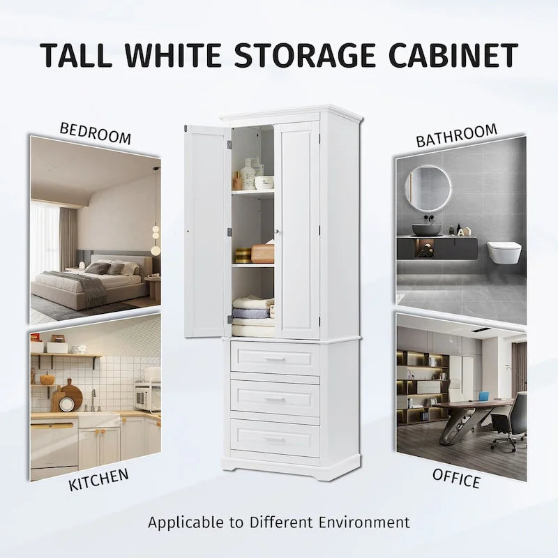 Meuble de rangement haut avec 3 tiroirs et 2 portes, blanc