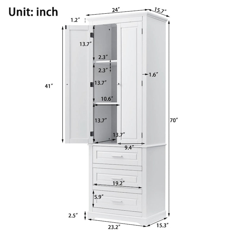 Meuble de rangement haut avec 3 tiroirs et 2 portes, blanc