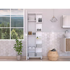 Meuble d'angle avec cinq étagères ouvertes, une porte, finition blanche
