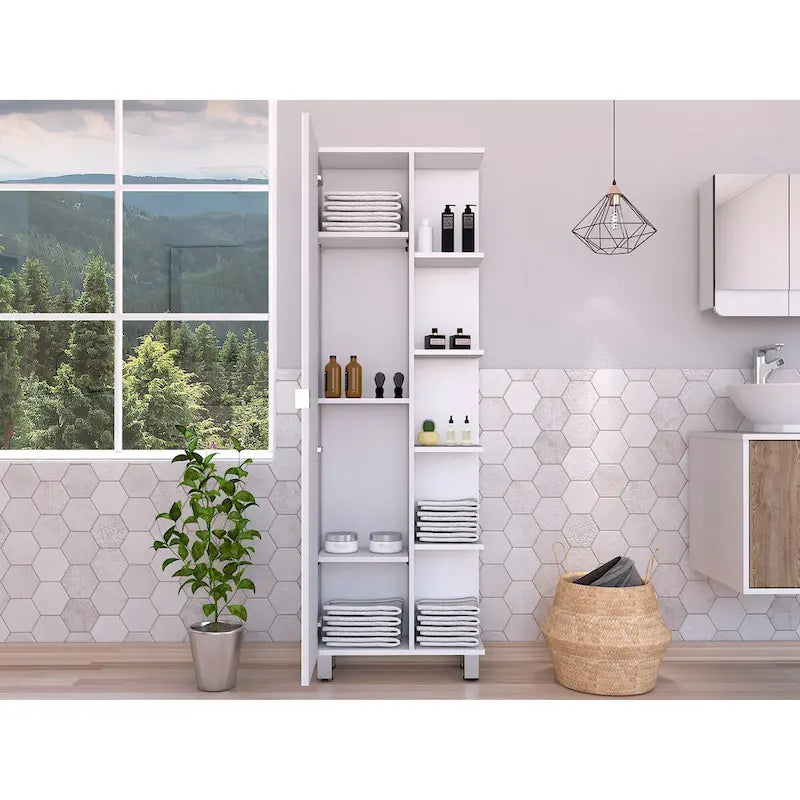Meuble d'angle avec cinq étagères ouvertes, une porte, finition blanche