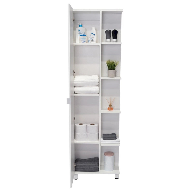 Meuble d'angle avec cinq étagères ouvertes, une porte, finition blanche