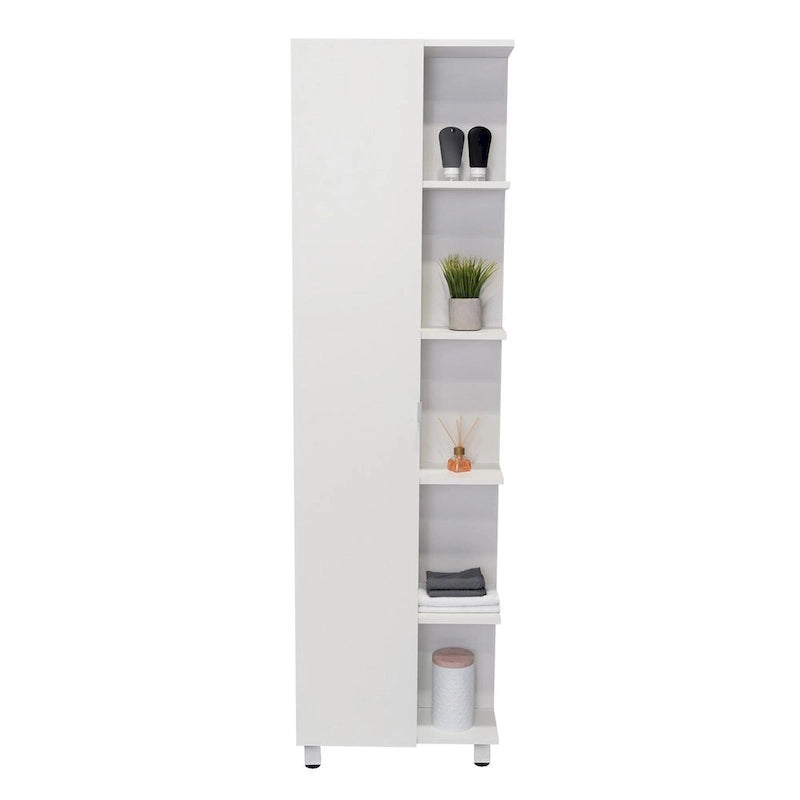 Meuble d'angle avec cinq étagères ouvertes, une porte, finition blanche
