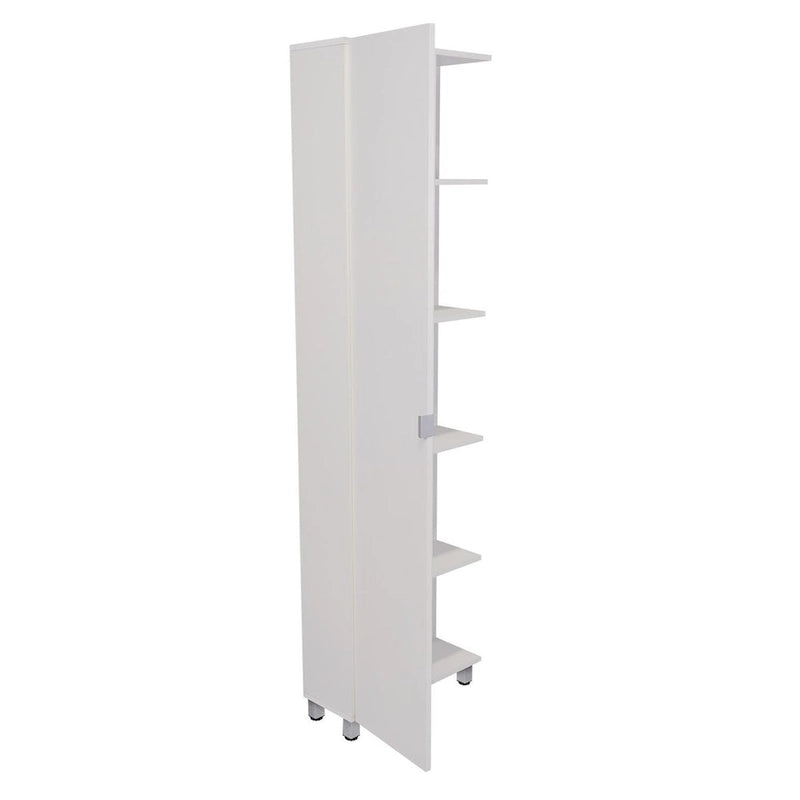 Meuble d'angle avec cinq étagères ouvertes, une porte, finition blanche