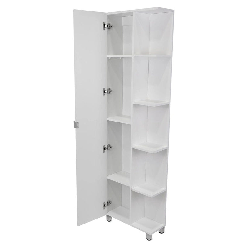 Meuble d'angle avec cinq étagères ouvertes, une porte, finition blanche