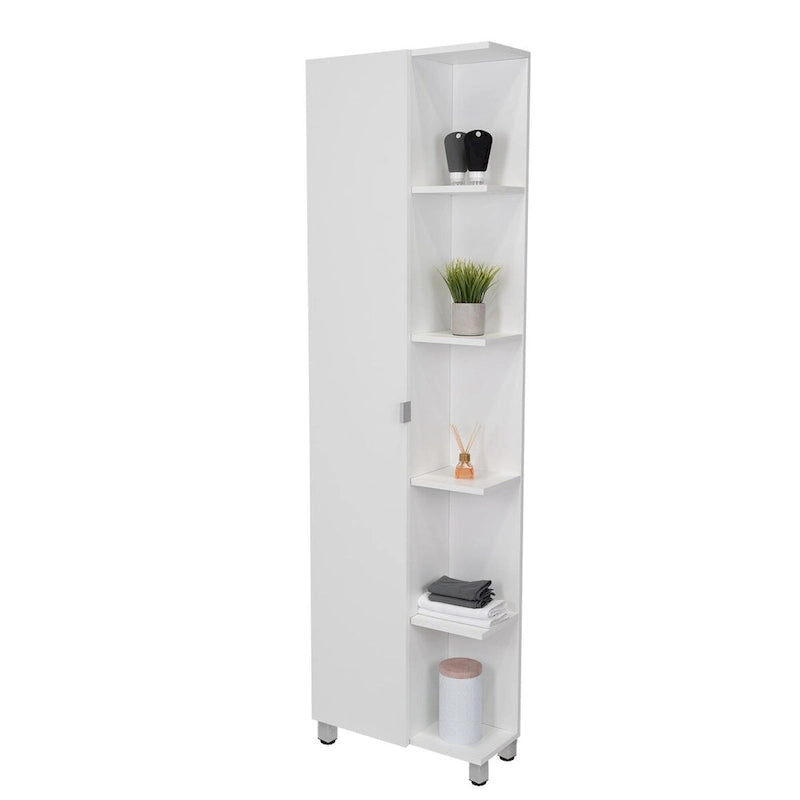 Meuble d'angle avec cinq étagères ouvertes, une porte, finition blanche