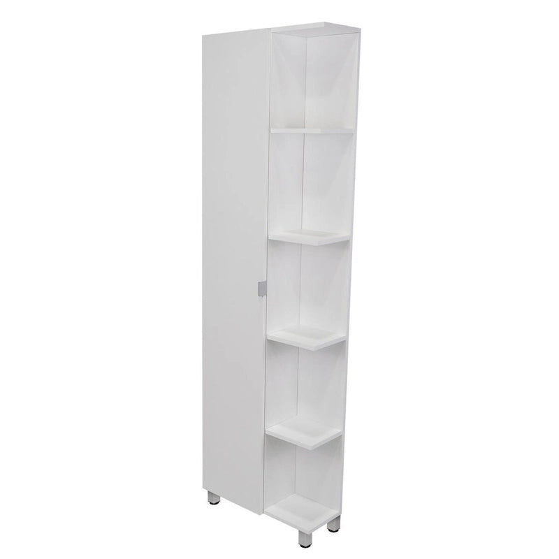 Meuble d'angle avec cinq étagères ouvertes, une porte, finition blanche